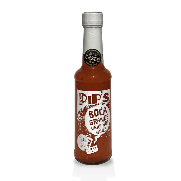 A bottle of Pip’s Boca Grande Very Hot Sauce standing against a plain white background. The label reads "Pip's Boca Grande Very Hot Sauce" and includes a "Great Taste" award sticker, with a graphic of a stylised, smoking skull.
