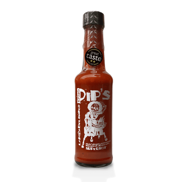 A bottle of Pip's "La Boca Del Diablo" super hot sauce, hailed as one of the best hot sauces for its intense heat. The bottle showcases a "Great Taste" 2017 award and features a skeleton graphic on the label.