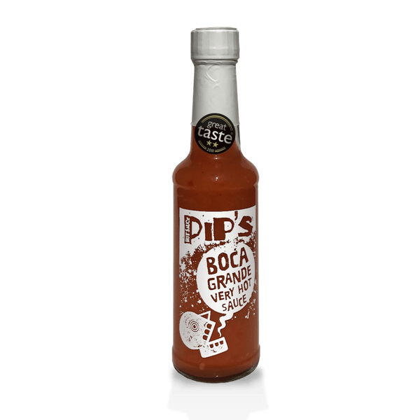  A bottle of Pip’s Boca Grande Very Hot Sauce standing against a plain white background. The label reads "Pip's Boca Grande Very Hot Sauce" and includes a "Great Taste" award sticker, with a graphic of a stylised, smoking skull.