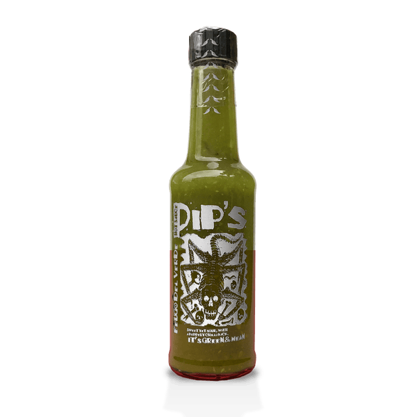 A bottle of "Pip's Fuego del Verde Hot Sauce" with a black cap, isolated on a white background. The label displays a bold graphic with a menacing skull and text reading "It's Green & Mean," highlighting the hot sauce's intense flavour.