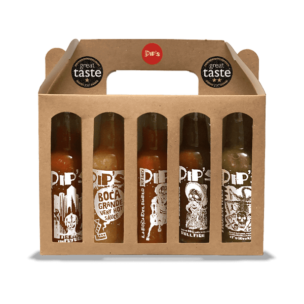 Pip's Hot Sauce mini bottle gift set, neatly packaged in a cardboard carrier, showcasing five of the brand's signature sauces.