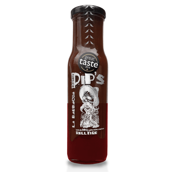 A bottle of "Pip's La Barbacoa Hellfire BBQ Sauce" with a black cap, isolated on a white background. The label shows a bold skeleton graphic along with the "Great Taste 2016" award, emphasising the sauce's rich and smoky BBQ flavour.