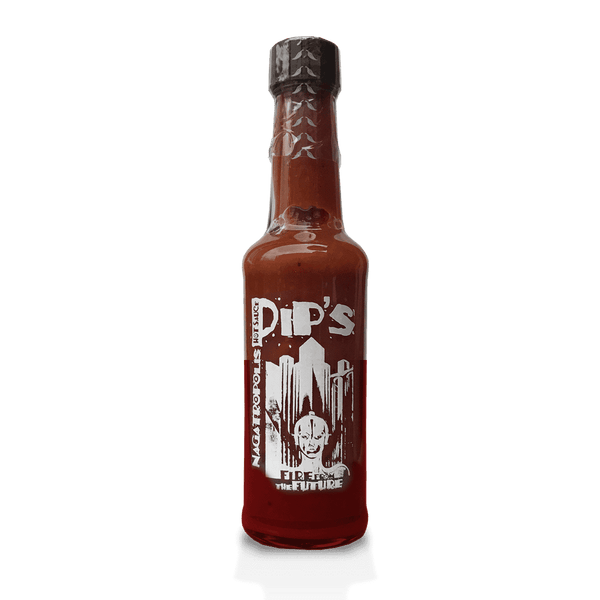 A bottle of Pip's Nagatropolis Extra Hot Sauce with a black cap, featuring a white graphic of city skyscrapers and a smiling face, and the slogan "Fire from the Future."