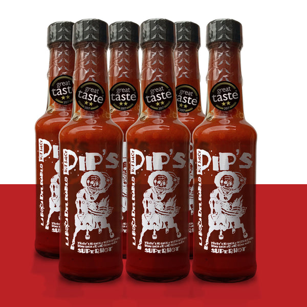 Six bottles of Pip's "La Boca Del Diablo" super hot sauce, considered one of the best hot sauces for its intense heat and bold flavour. Each bottle displays a "Great Taste" 2017 award and features a skeleton graphic on the label, with the rich red sauce inside.